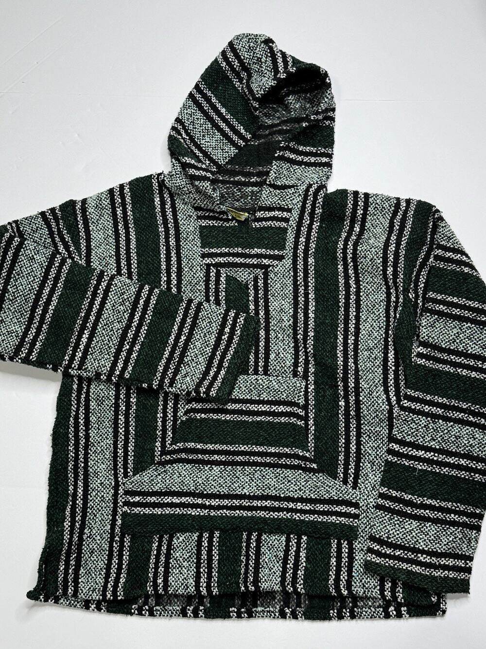 Franks Textiles Baja Hoodie Mens M Green Black Mexican Drug Rug Pullover